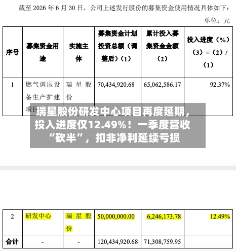 瑞星股份研发中心项目再度延期	，投入进度仅12.49%！一季度营收“砍半	”，扣非净利延续亏损-第3张图片