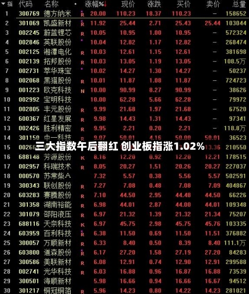 三大指数午后翻红 创业板指涨1.02%