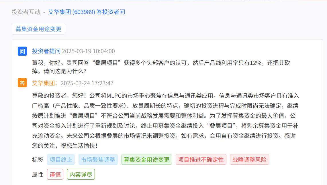 艾华集团18.8亿元定增疑云：前次募投叠层项目投入不足三成被砍
