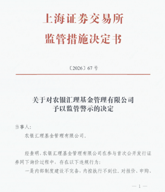 网下询价存多项违规 农银汇理基金被上交所监管警示