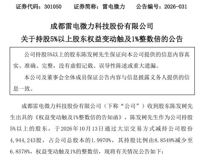 “牛散”陈发树	，减持301050